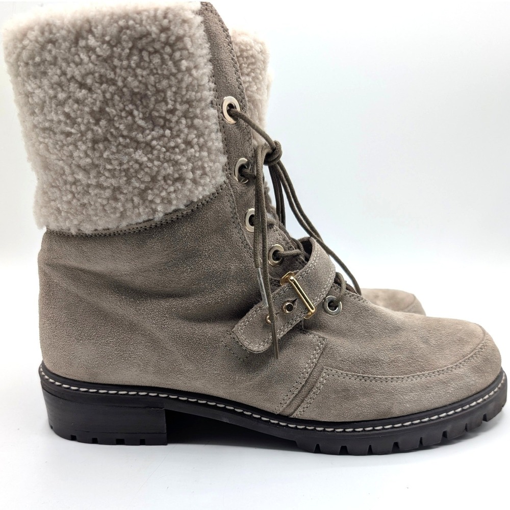 Stuart Weitzman Viking Combat Boots 8.5 Taupe Gray Suede Shearling Chunky Heel